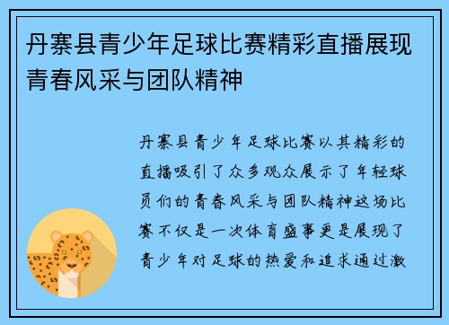 丹寨县青少年足球比赛精彩直播展现青春风采与团队精神